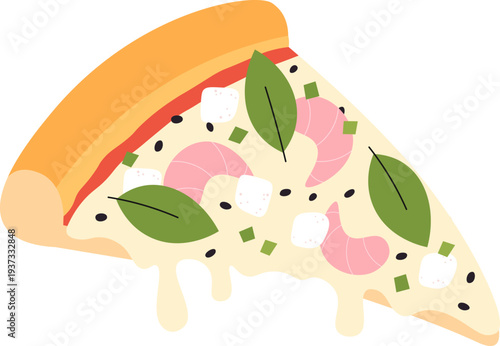 Seafood pizza slice. Cheese italian food piece