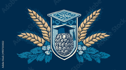 Illustration featuring a crest with a graduation cap over a brain-like shape, surrounded by wheat and foliage