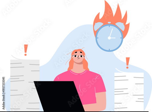 Office worker overload with burning deadline for paper overwork