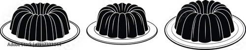 Black and white illustration of three identical bundt cakes on plates, showcasing fluted ring design, dessert uniformity, baking art, sweet food concept, and culinary presentation.