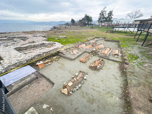 Panoramic view of the recently discovered submerged ancient Roman basilica ruins at the shore of Lake Iznik, Nicaea