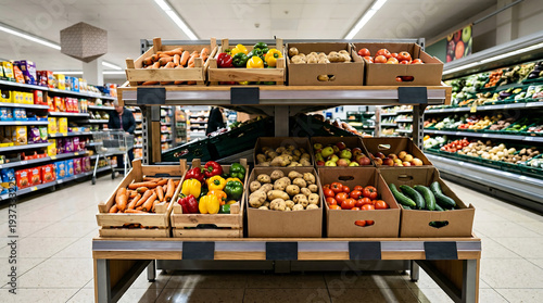 Supermarket produce display with assorted imperfect vegetables in boxes and crates retail concept for rescued food discount section sustainable shopping and waste reduction