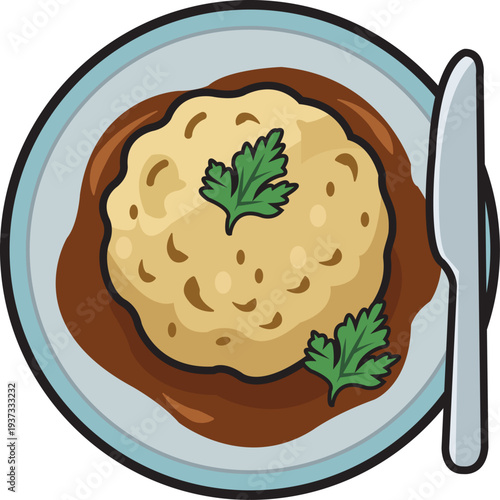 austrian knödel dumpling on plate with sauce and parsley illustrated food