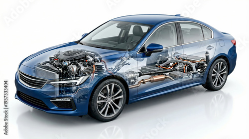 Blue sedan car with transparent body showing engine and internal parts structure