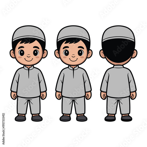 Boy character shown front, side, and back views wearing modest prayer.