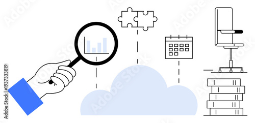 Business analysis, data management, cloud computing, organization, problem solving, productivity. Hand holding magnifying glass, cloud puzzle calendar. Business analysis and data management concept