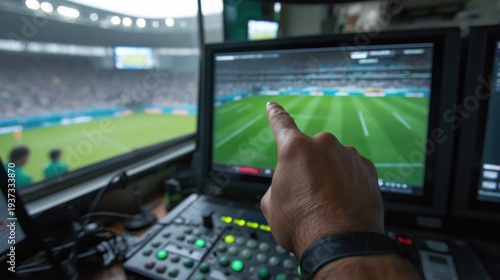 POV of referee or director pointing finger at monitor in VAR control room during live football match. Sports broadcasting, television equipment and video assistant technology concept