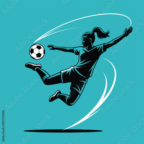 Female soccer player performs an athletic bicycle kick during a match.