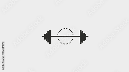 Minimalist graphic of a barbell with circular dotted line, over a solid gray background