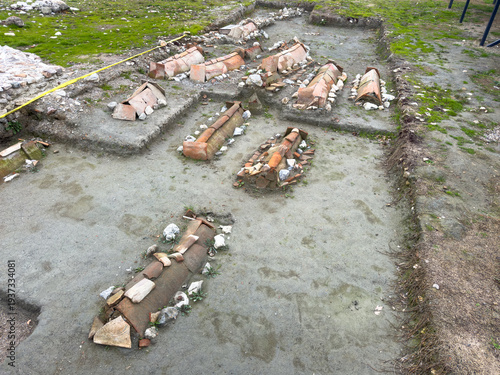 Panoramic view of the recently discovered submerged ancient Roman basilica ruins at the shore of Lake Iznik, Nicaea