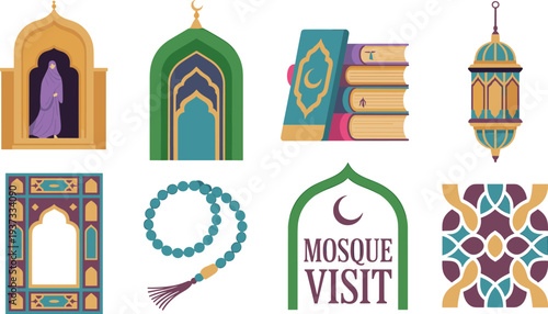 Islamic mosque visit icon set with Muslim woman, Quran books, lantern, prayer beads, mosque arch, arabesque pattern vector illustration