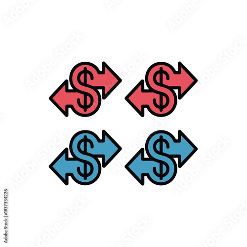 Four stylized currency exchange icons show opposite directional money.