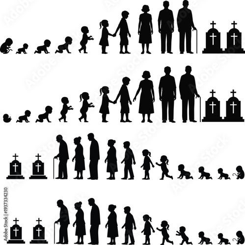 Black silhouette illustration in four rows depicting human life cycle progression from infancy to aging and death, symbolizing journey, time, mortality, and philosophical reflection.