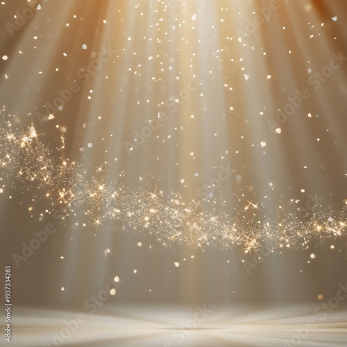 Magical golden light beams and sparkles illuminate a softly lit stage, creating an enchanting and celebratory atmosphere