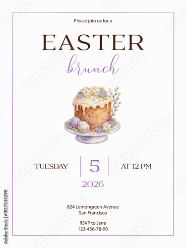 Easter brunch invitation template. Vector card with watercolor cake illustration and purple minimal frame