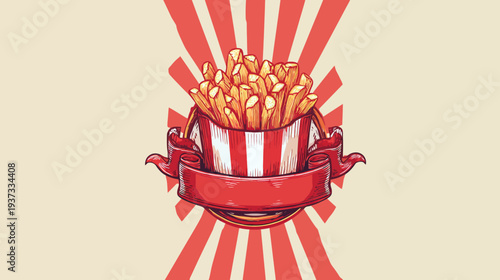 Illustration of golden fried potatoes in a container, with a ribbon and red sun rays