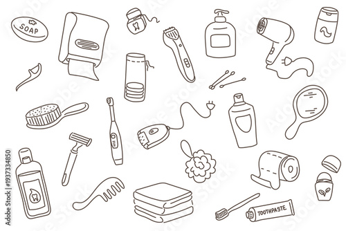 Bathroom essentials and personal hygiene products in hand drawn doodle style