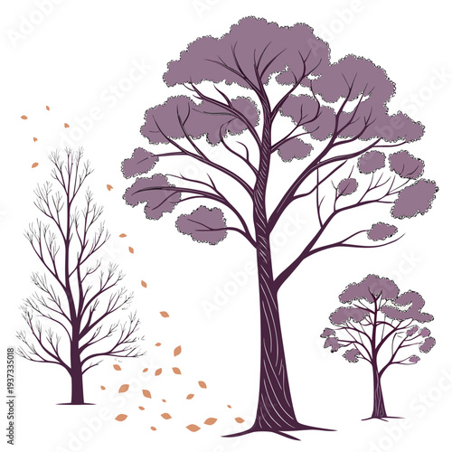 Vector illustration of three trees in autumn with leaves falling symbolizing seasonal change and nature's cycle