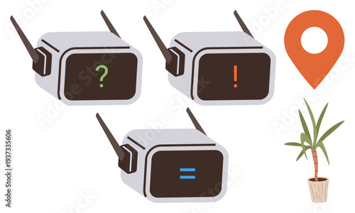 Artificial intelligence, geolocation, communication, home technology, robotics, automation. Robotic screens with symbols, geolocation marker and plant. Artificial intelligence and geolocation