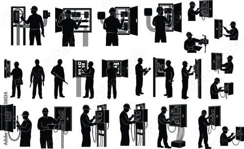Black silhouette illustration of workers interacting with electrical panels and control boxes, showing inspection, repair, wiring, installation, safety practices, 
