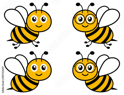 Flying bees with different elements set. Cute honeybees characters collection. Vector illustration isolated on white.