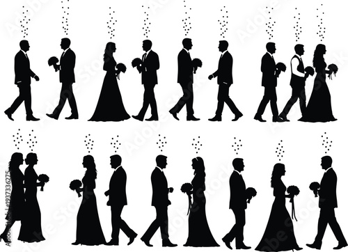 Black silhouette vector illustration of couples in wedding attire with bouquet and heart symbols, representing love, marriage, romance, celebration, and romantic relationship design.