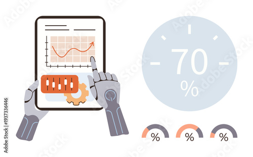 Data analysis, AI technology, robotics, automation, business analytics, progress tracking. Robot hands interacting with a tablet showing data charts, graphs and a progress meter. Data analysis