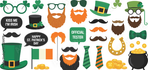 St Patricks Day photo booth props set with hats, beards, glasses, mustaches, shamrocks, Irish party vector illustration