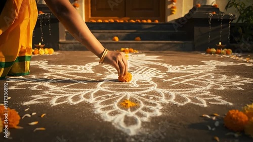 Traditional Rangoli Design with Flowers and Diyas.