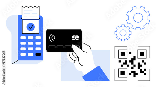 Digital transactions, cashless payments, e-commerce, retail technology, financial innovation, secure payments. A hand holding a contactless card near a payment terminal, QR code and gears. Digital