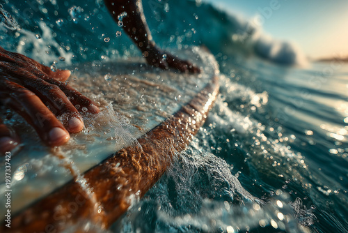 Surfer close-up on surfboard.