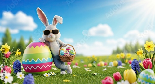 Ester day celebration with easter bunny holding decorated eggs in colorful garden