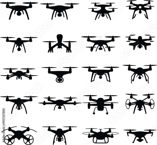 drone silhouettes, quadcopter icon, aerial vehicle, UAV silhouette, rotor drone, unmanned aircraft, drone design, flying drone, drone shapes, aerial technology illustration