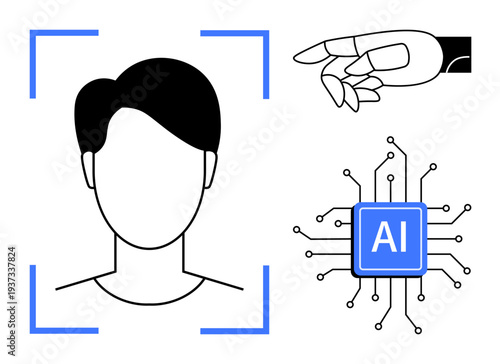 Face recognition, digital identity, robotics, AI technology, automation, innovation. Graphic a human face, robotic hand and AI chip. Face recognition and digital identity concept