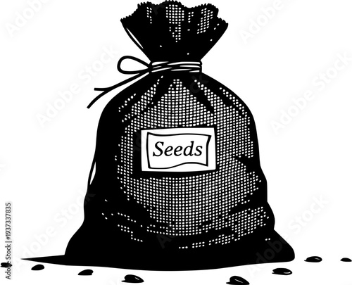Black and white line art illustration of a rustic burlap sack full of seeds with a 'Seeds' label, symbolizing growth, gardening, and agricultural beginnings
