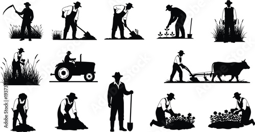 Farmer and agriculture worker silhouettes collection with tractor, harvesting, planting and farming activities, rural lifestyle concept, agricultural labor illustration isolated on white 