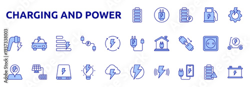 Charging And Power icon color lineal style with battery, plug, charging, fuel, efficiency, cable, connector, socket icons