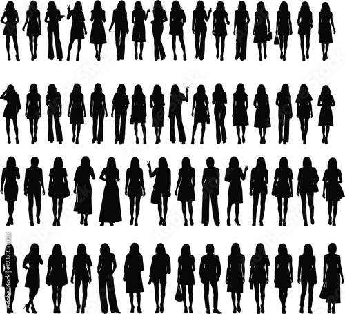Grid of diverse human silhouettes in various standing poses and clothing styles, vector illustration representing fashion, posture, diversity, and character modeling for design projects.