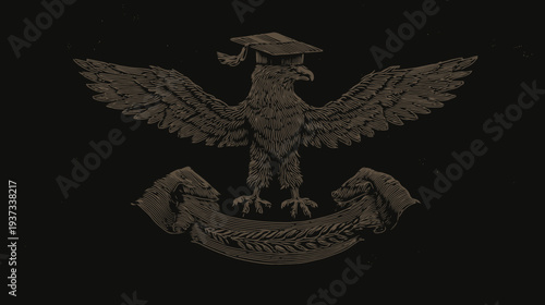 A regal bird, wings outstretched, sports a graduation cap, with a banner below