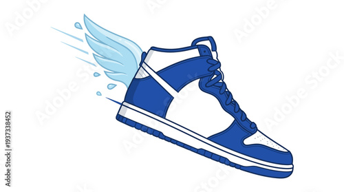 A stylized image of a blue and white sneaker with wings attached, evoking a sense of speed and flight.
