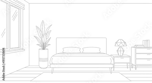 Modern bedroom interior with bed, plant, and furniture