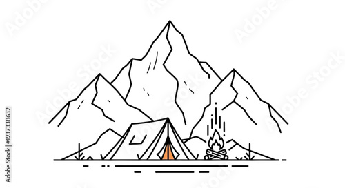 Serene mountain camping scene with tent and campfire