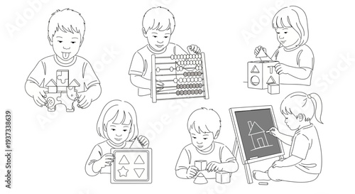 Children engaging in educational activities with puzzles and blocks