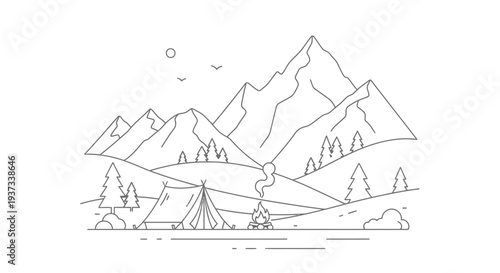Serene mountain camping scene with tent and campfire