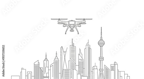 Drone flying over modern city skyline with skyscrapers