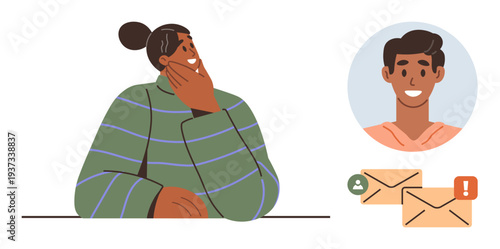 Communication, digital interaction, messaging, notification alerts, social networking, online correspondence. Person thinking with an inbox emails and notifications. Communication and messaging