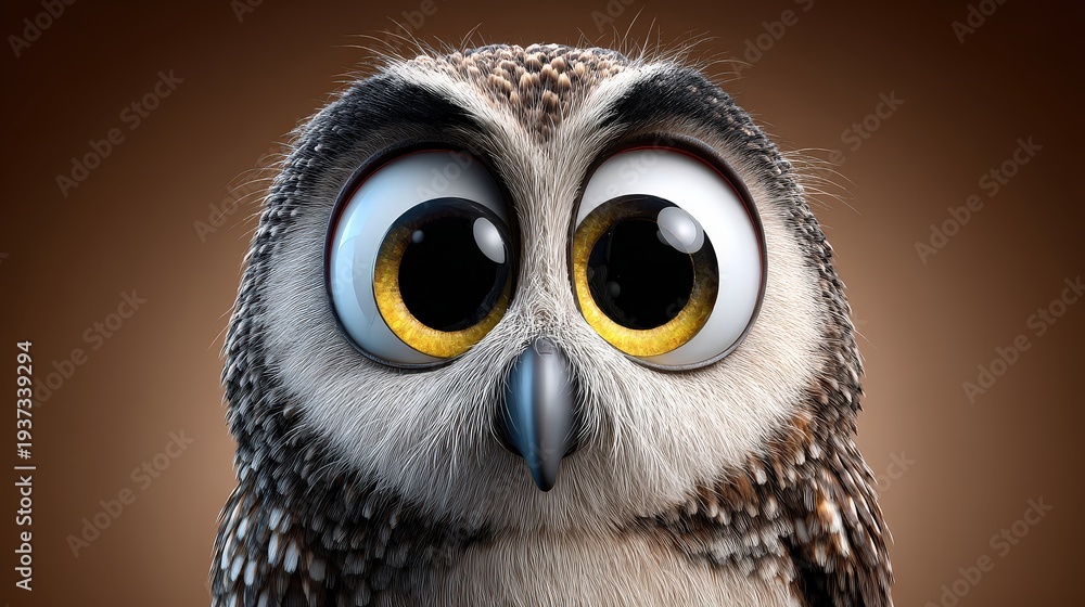 Obraz premium Cute Cartoon Owl with Large Expressive Eyes Close Up