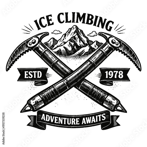 Vintage Ice Climbing Adventure Awaits Logo - Est. 1978 Mountain Expedition Design featuring Crossed Ice Axes for Extreme Alpine Sports & Outdoor Enthusiasts. Perfect Retro Emblem for Apparel, Gear, an
