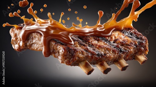Succulent BBQ Ribs with Splashing Sauce on Dark Background