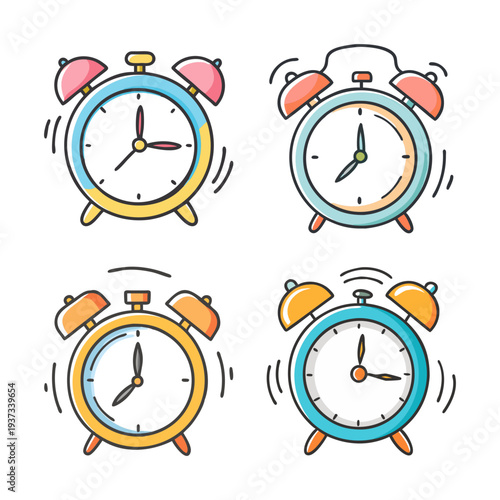 Four vintage alarm clocks ringing, hand-drawn vector illustration for time concepts